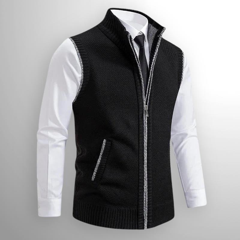 Men's Full-Zip Knit Gilet with Fold-Down Collar for Smart Layering