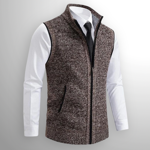 Men's full-zip knit gilet in brown – front view