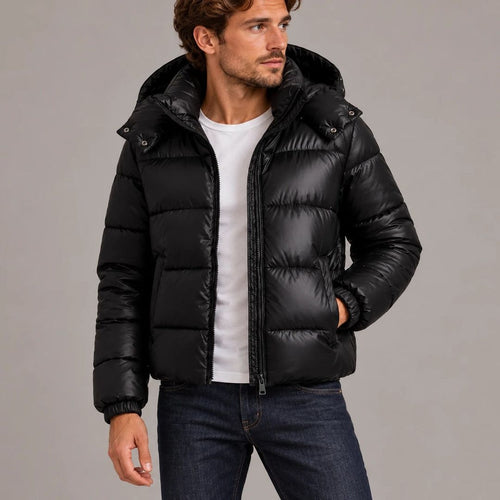 Men's glossy puffer jacket with hood in black