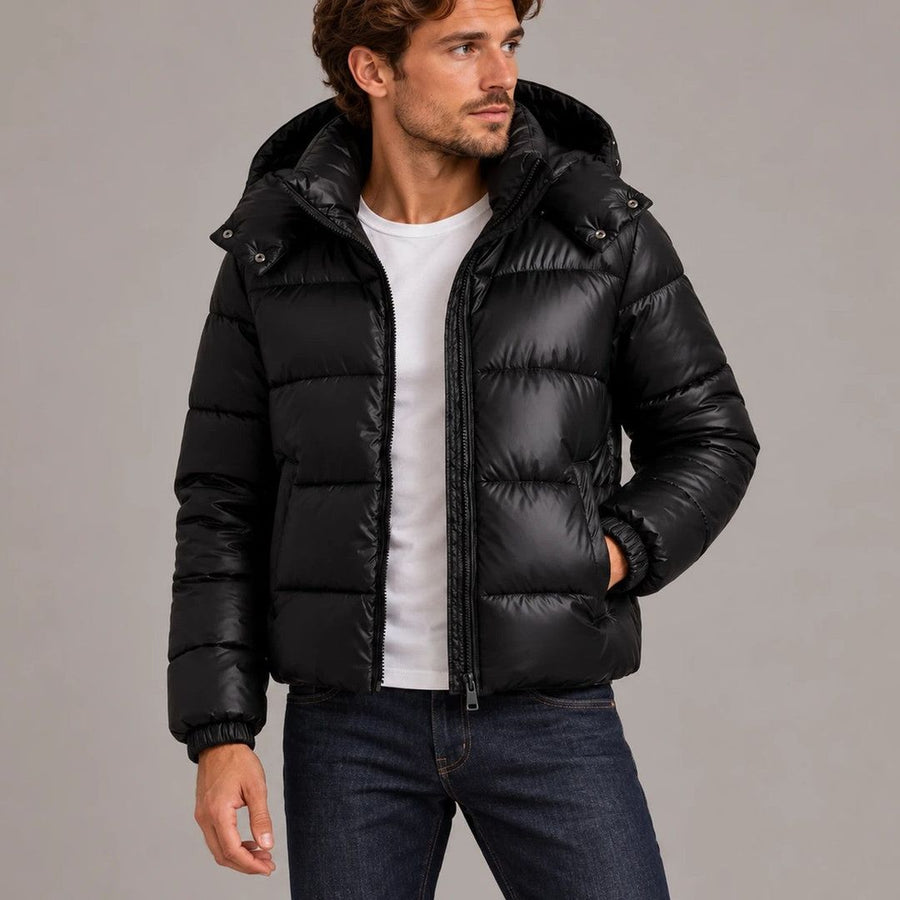 Men's Glossy Puffer Jacket with Hood for Cold Days