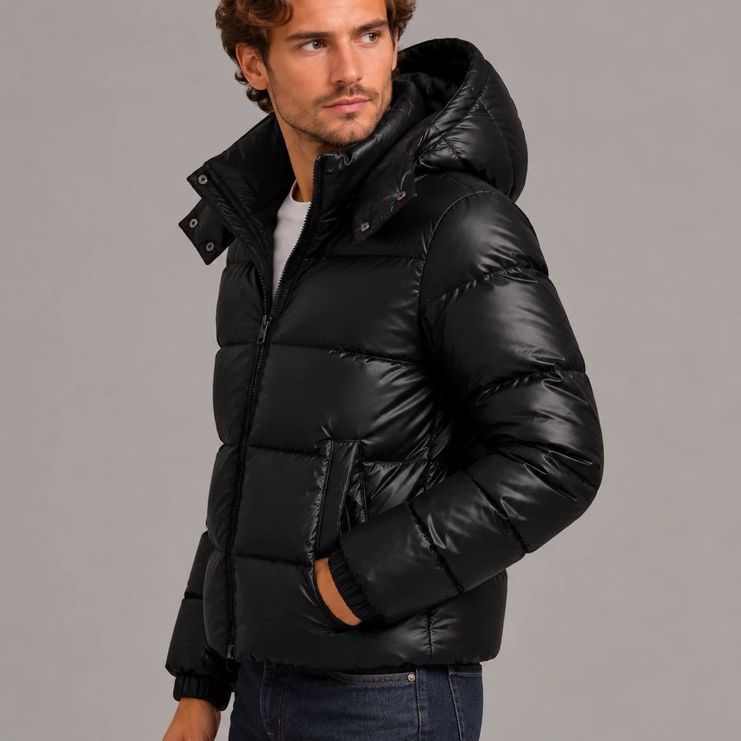 Men's glossy puffer jacket with hood in black, side view