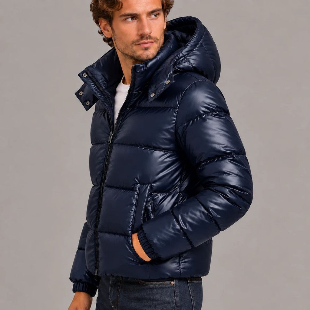 Men's glossy puffer jacket with hood in navy, side view