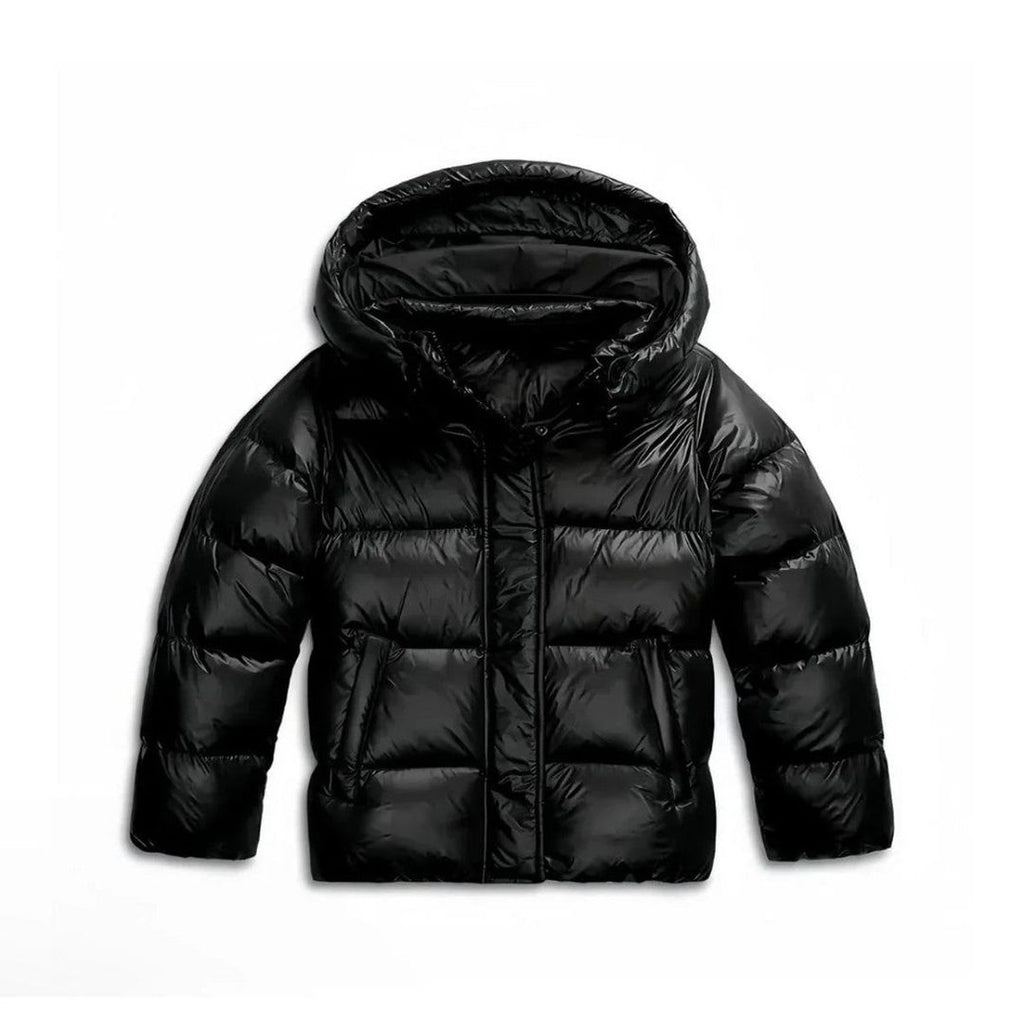 Men's glossy puffer jacket with hood in black, flat lay