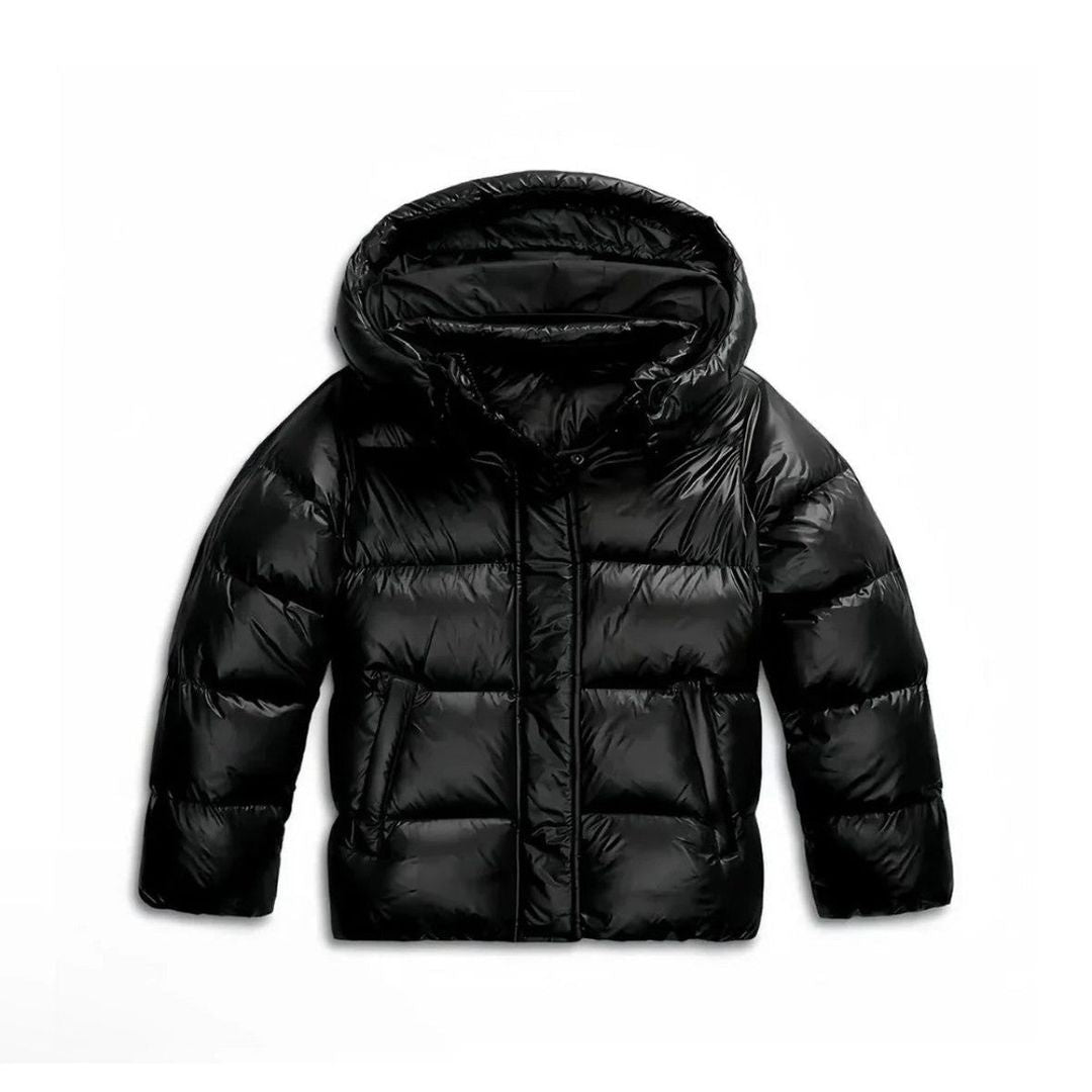 Men's glossy puffer jacket with hood in black, flat lay