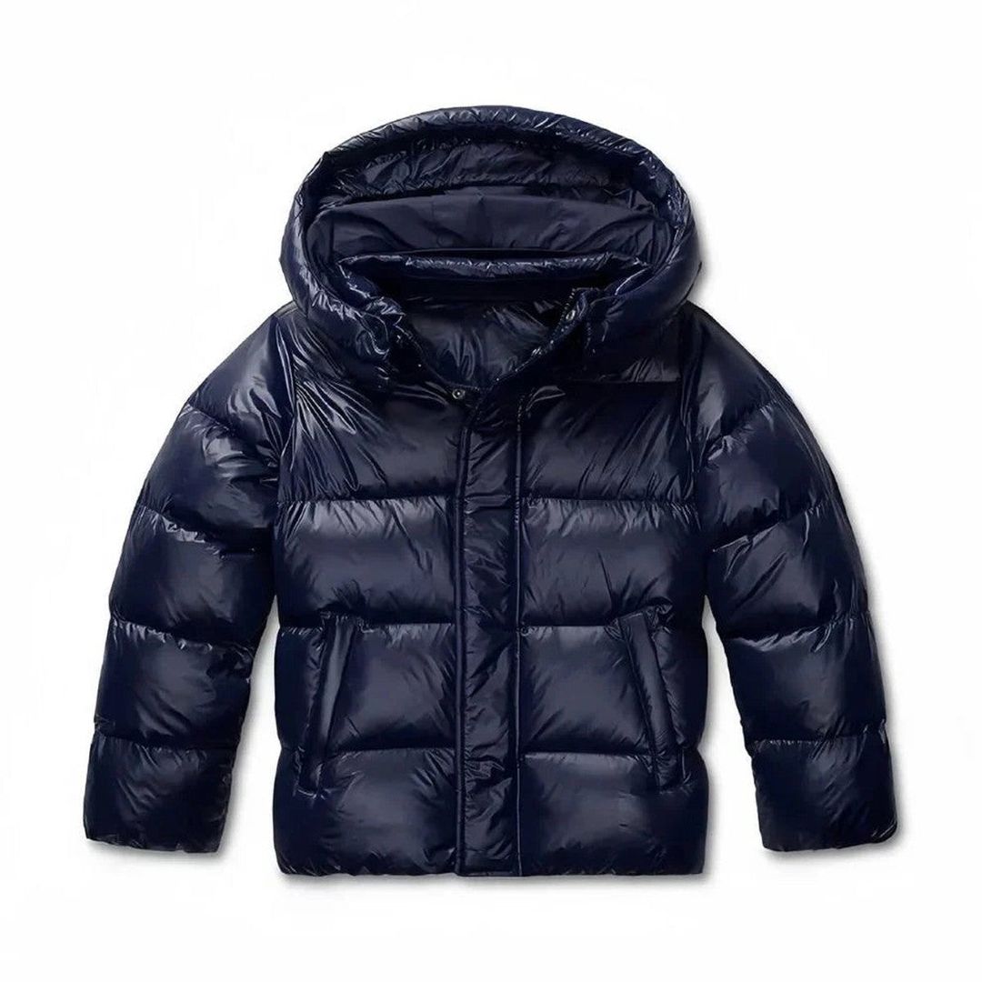 Men's glossy puffer jacket with hood in navy, flat lay