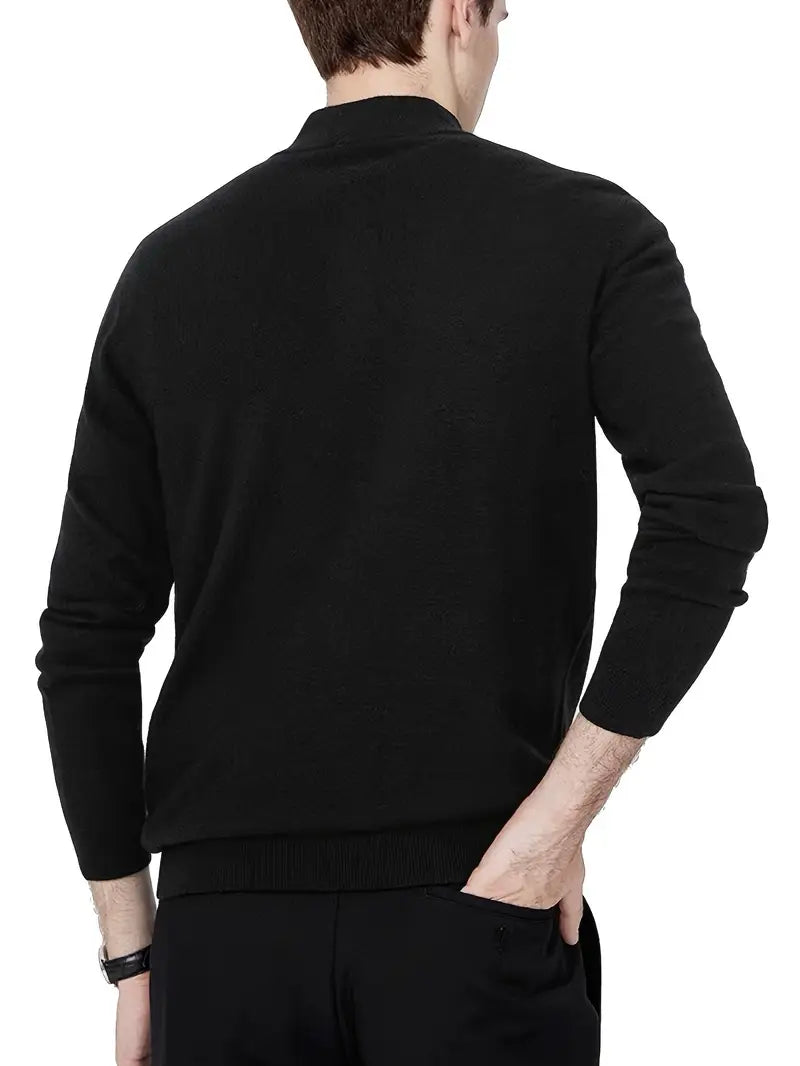 Man wearing the half-zip knit sweater in black – back view