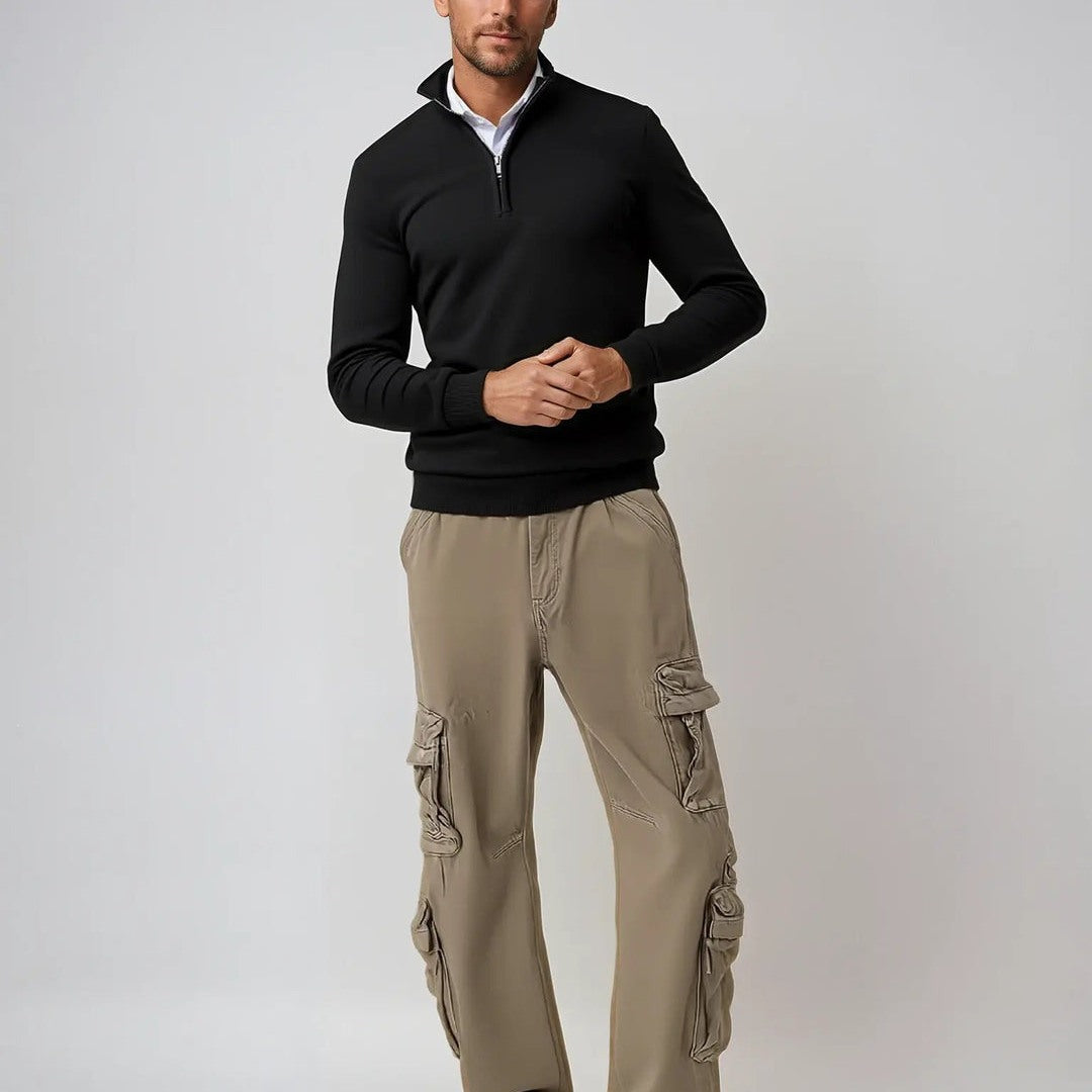 Men's Half-Zip Stand Collar Sweater in black, full look with cargo trousers