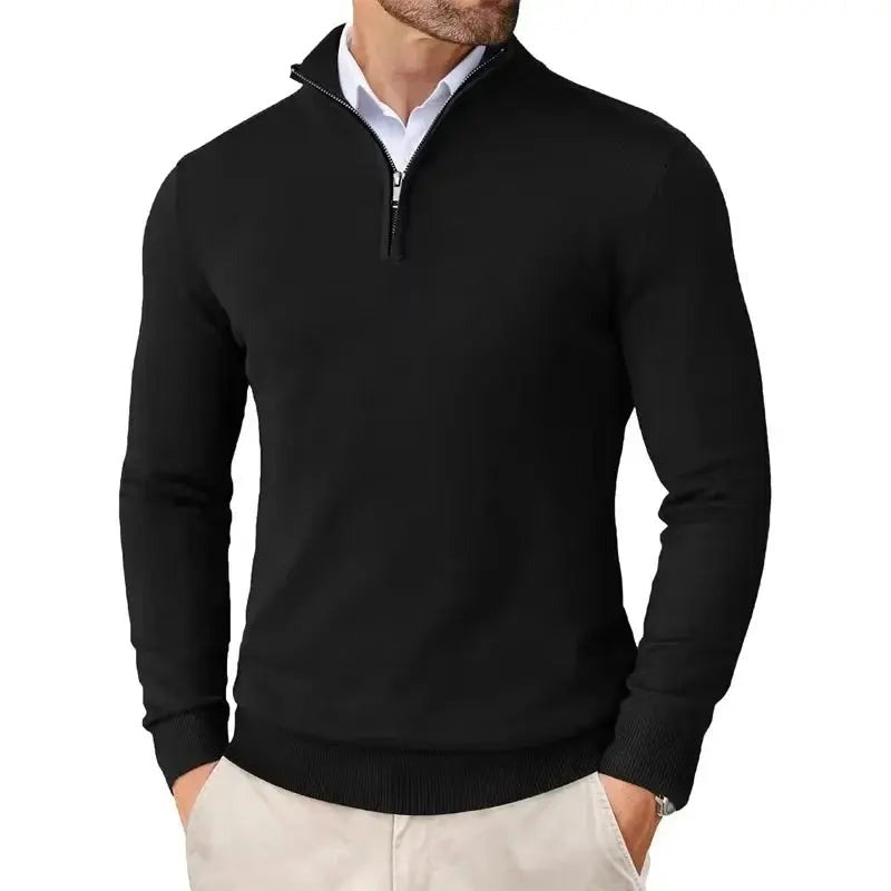 Men's Half-Zip Stand Collar Sweater in black, front view