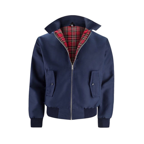 Men's Harrington jacket with tartan lining in navy – front view