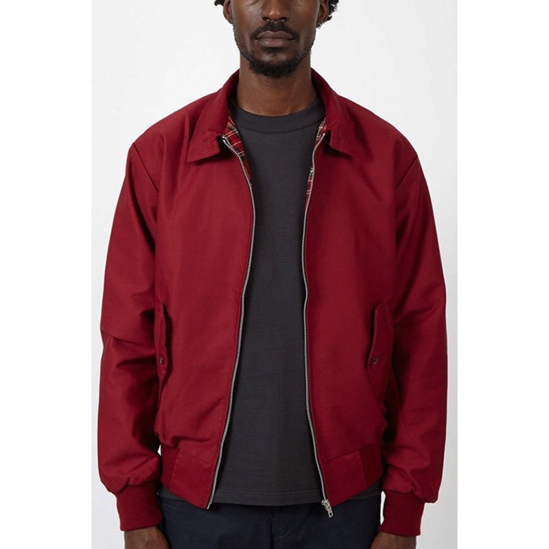Men's Harrington jacket with tartan lining in burgundy – worn look