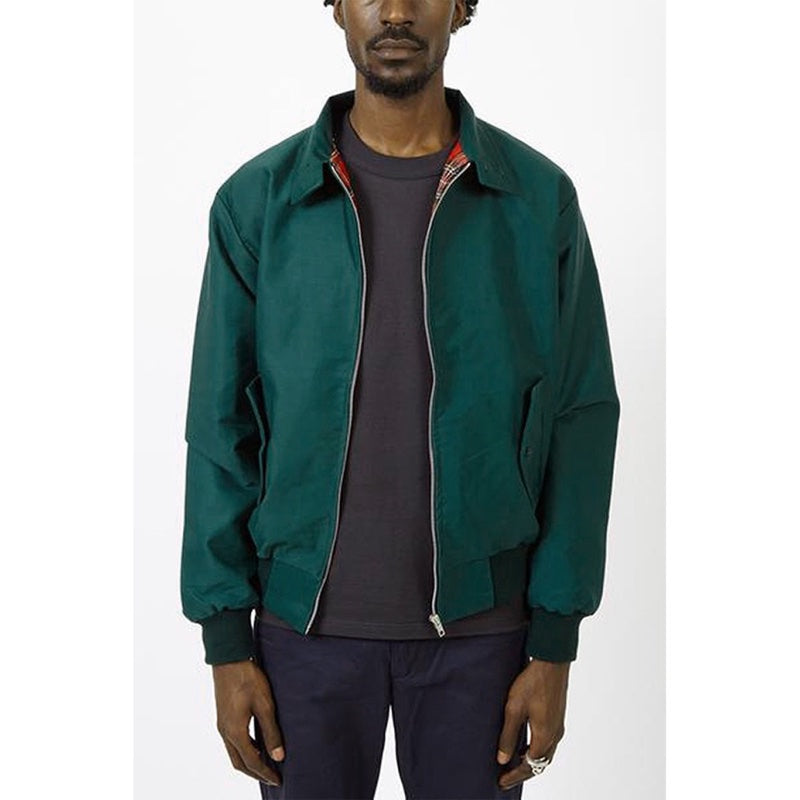 Men's Harrington jacket with tartan lining in dark green – styled look