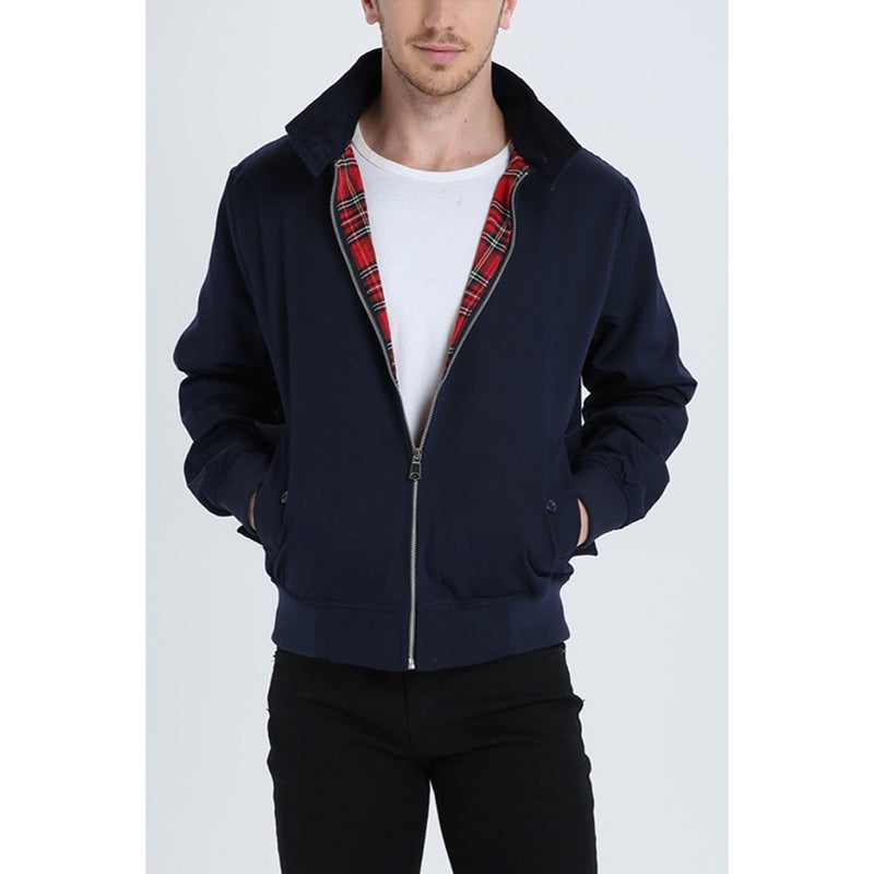Men's Harrington jacket with tartan lining in navy – worn look