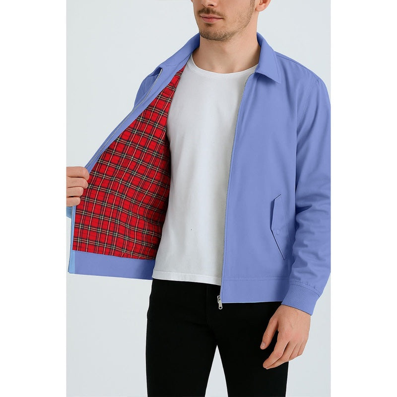 Men's Harrington jacket with tartan lining in light blue – worn look