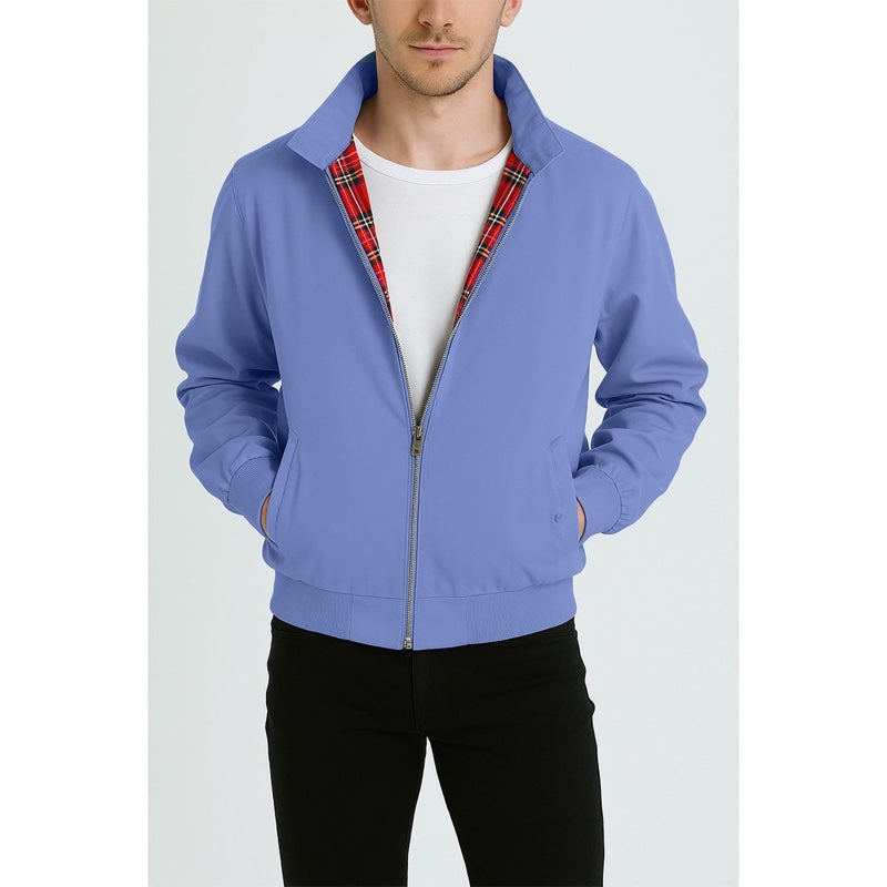 Men's Harrington jacket with tartan lining in light blue – styled look