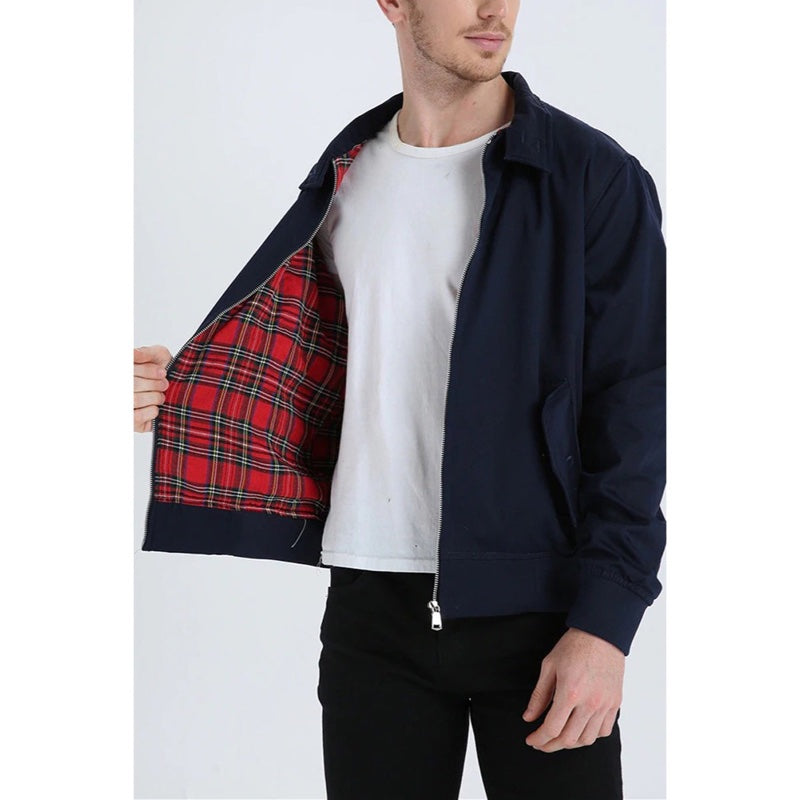 Men's Harrington jacket with tartan lining in navy – open view showing the lining