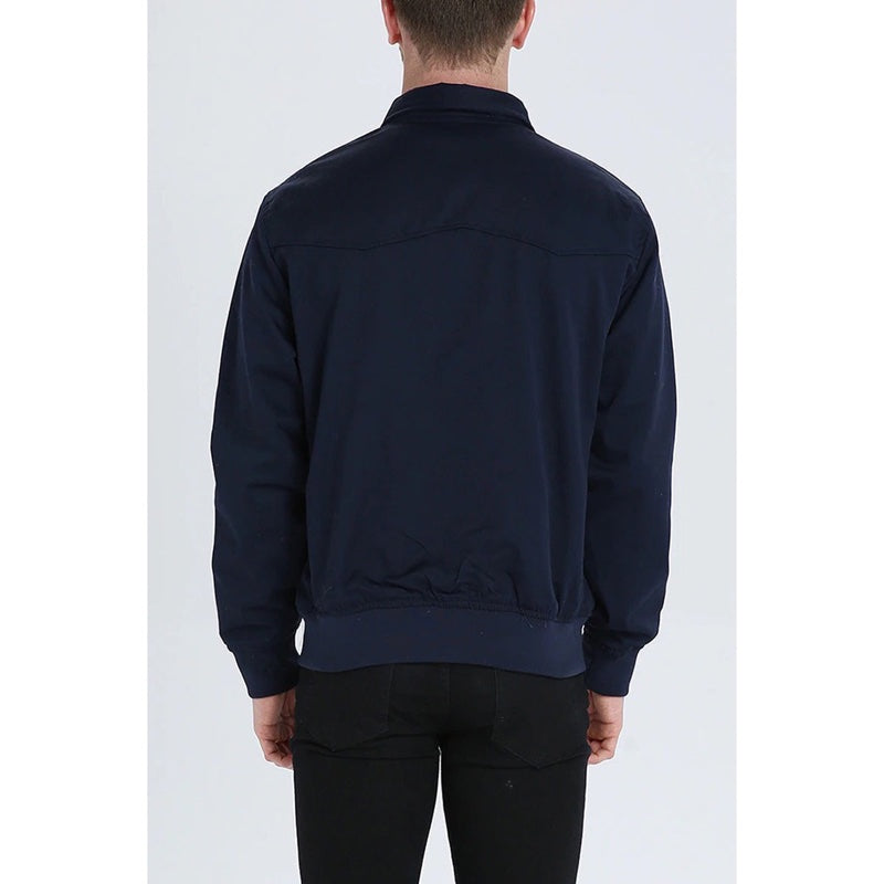 Men's Harrington jacket with tartan lining in navy – styled look
