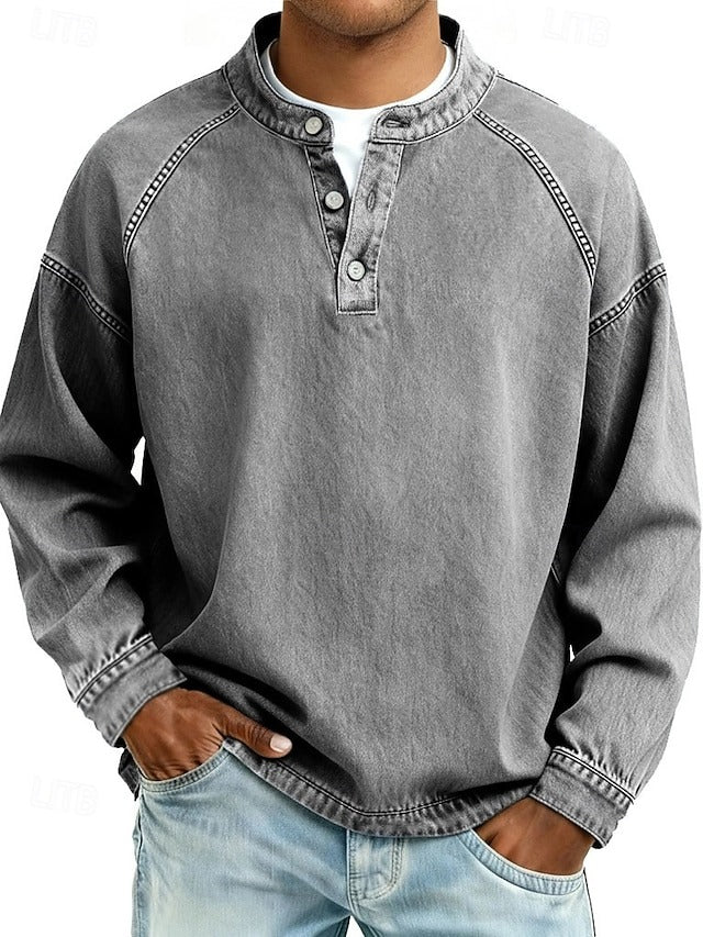 Men's Henley Sweatshirt with Button Placket in 10 Colors for Casual Days