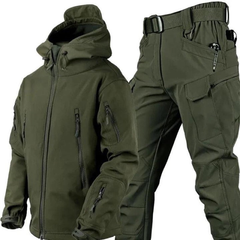 Men's two-piece outdoor set with hooded jacket and cargo trousers in dark green – front view