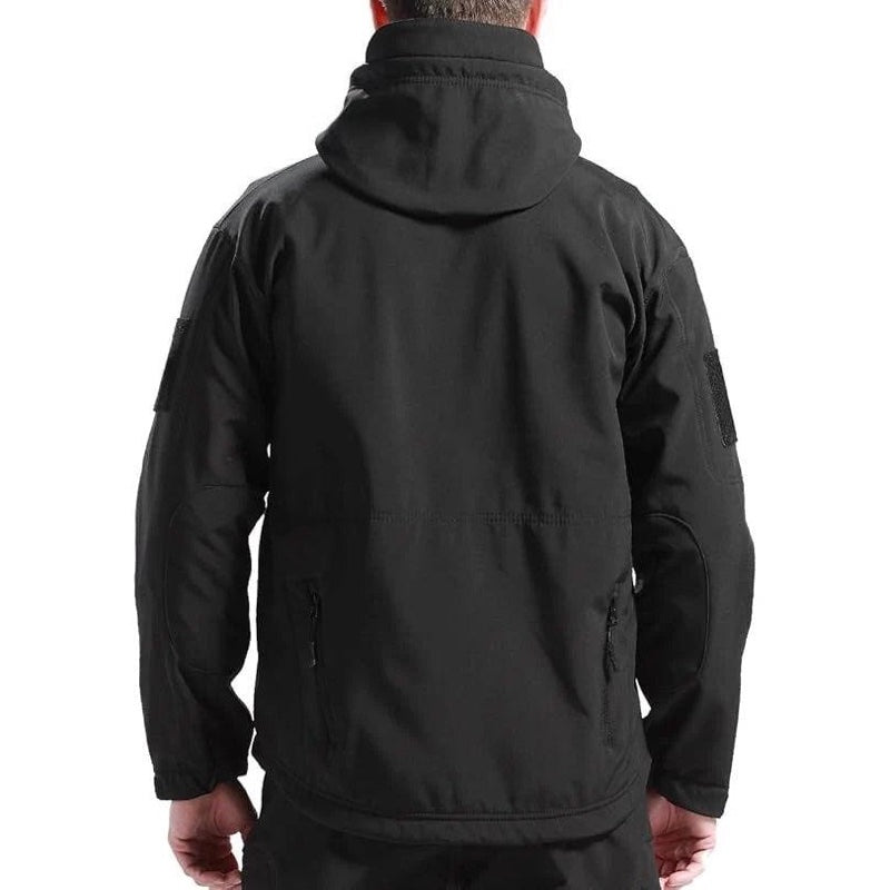 Men's two-piece outdoor set with hooded jacket and cargo trousers in black – detail view