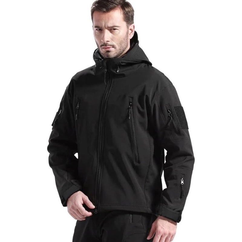 Men's two-piece outdoor set with hooded jacket and cargo trousers in black – worn look