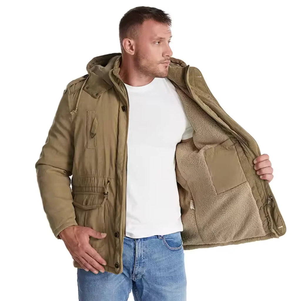Man wearing the hooded winter parka in khaki open, showing the fleece lining