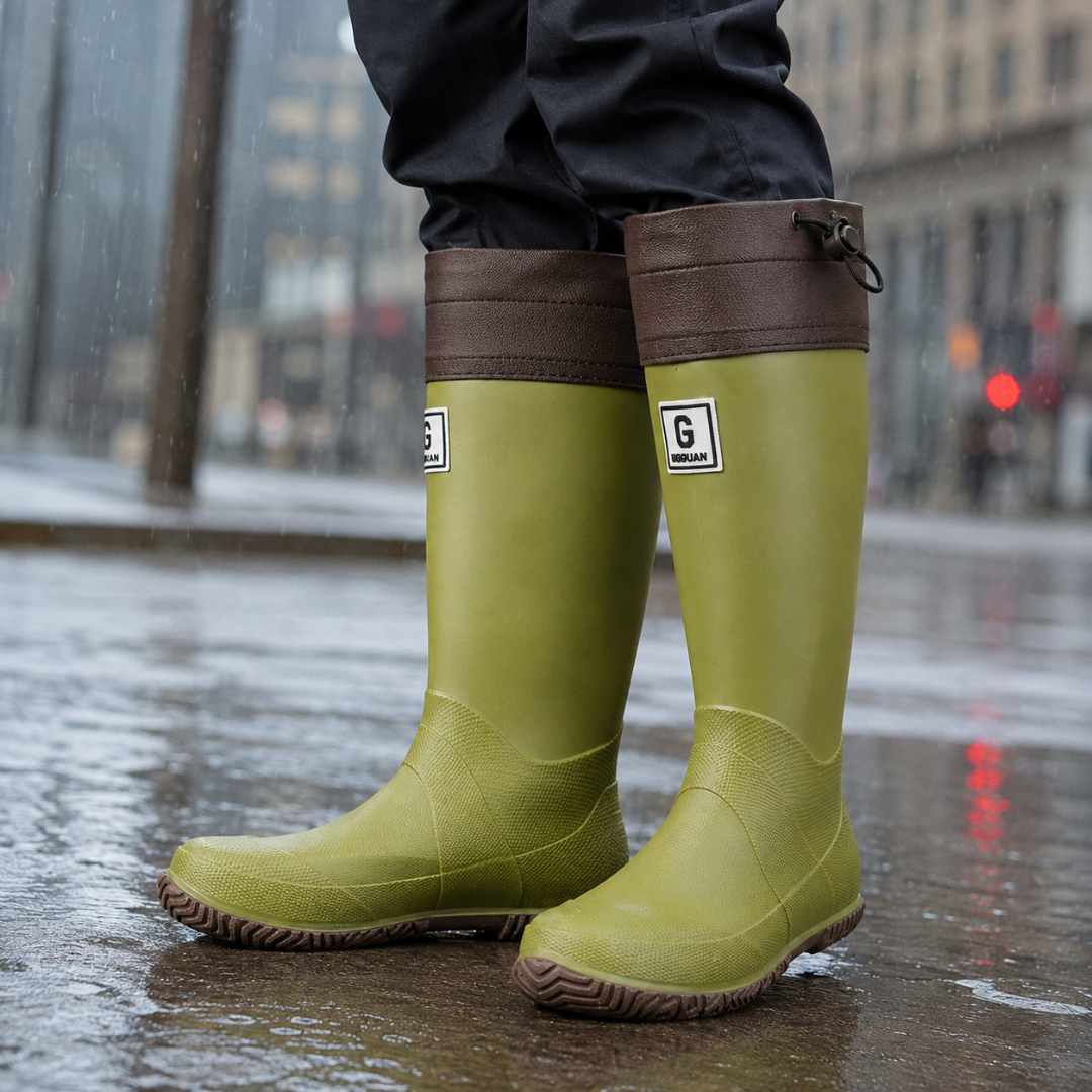 Men's knee-high rain boots in lime green – worn on a wet street
