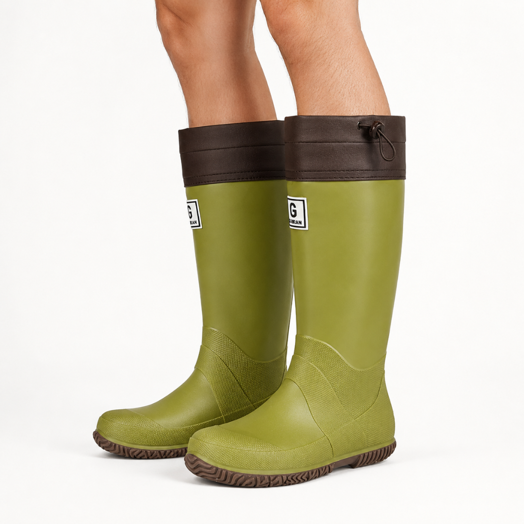Men's knee-high rain boots in lime green – worn