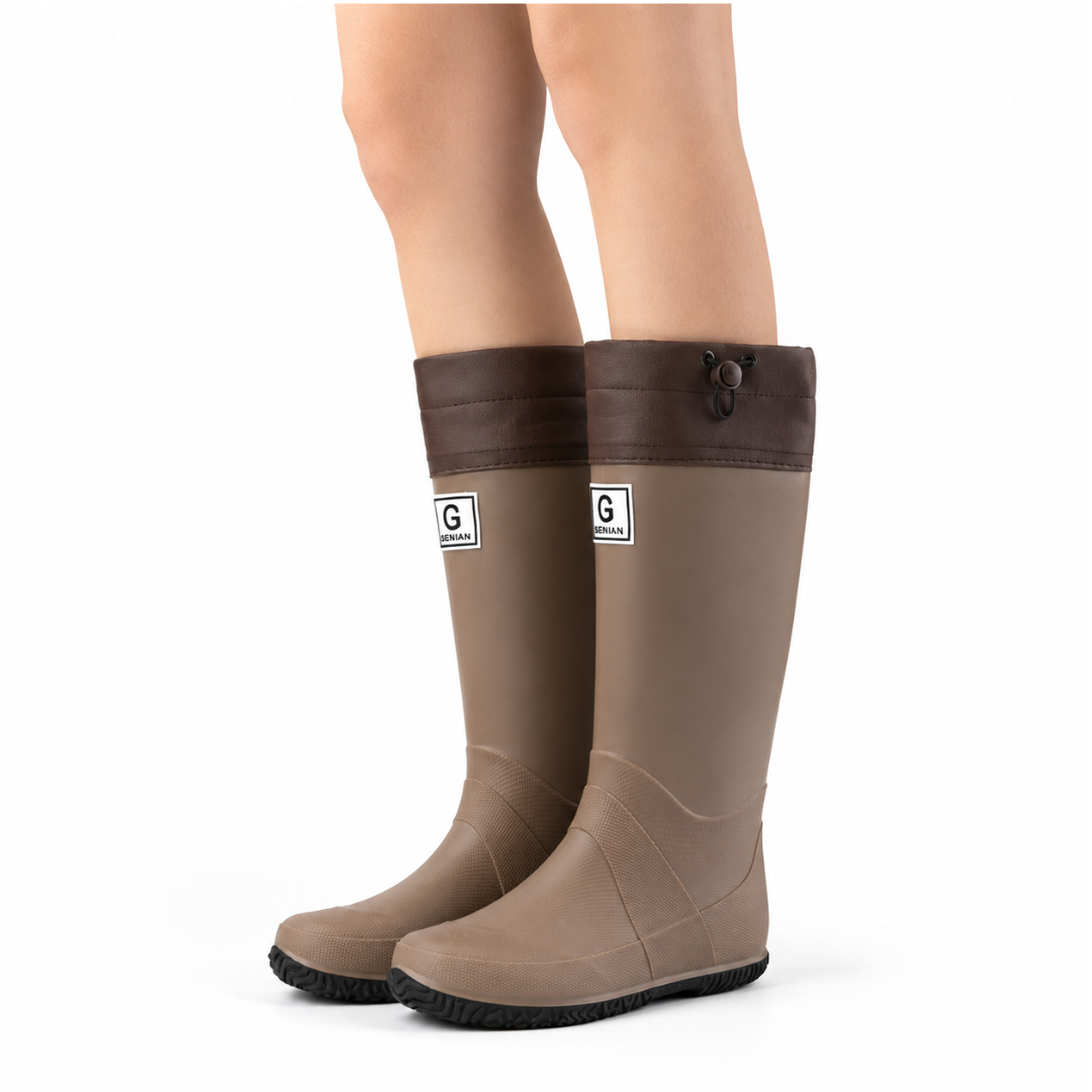 Men's knee-high rain boots in taupe – worn
