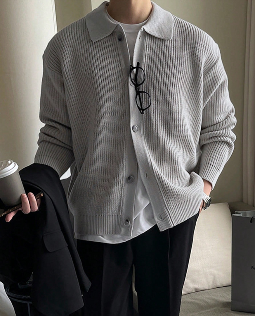 Men's Knit Cardigan with Collar and Button Front in 4 Colors