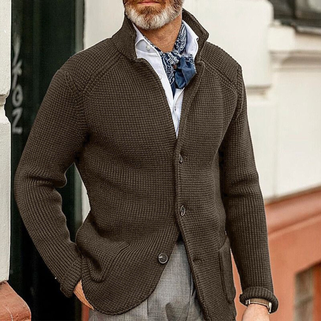 Men's Stand Collar Knit Jacket in coffee brown