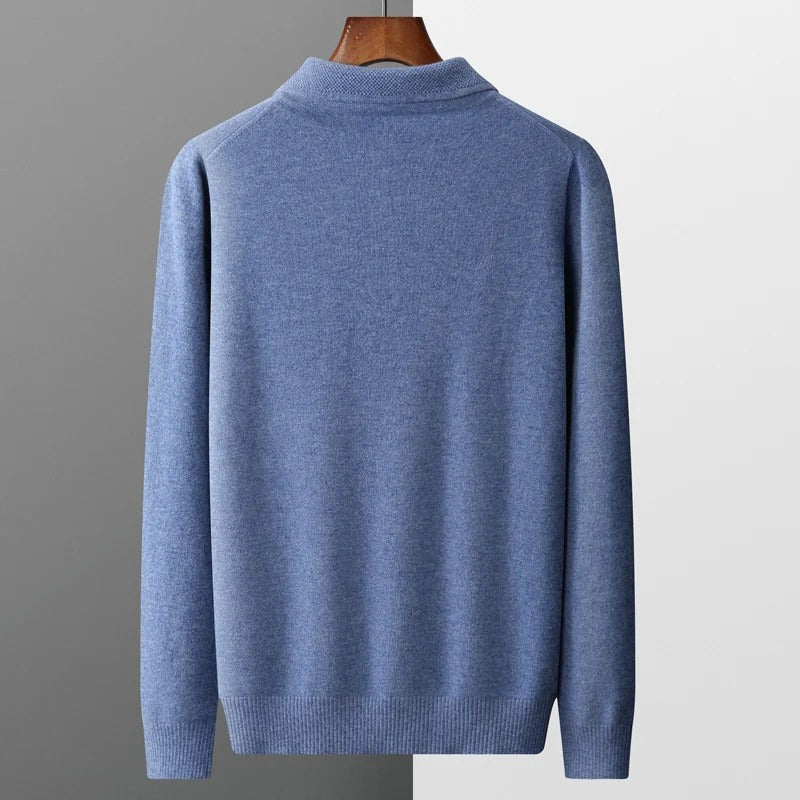 Men's knit polo sweater in light blue on a hanger – front view