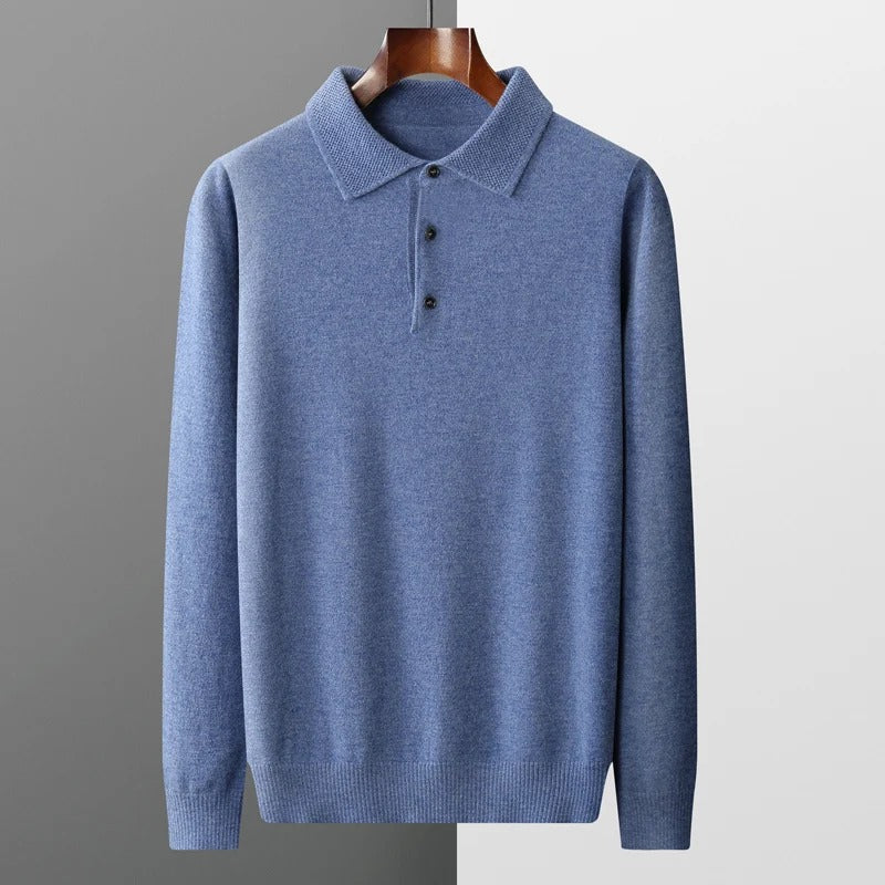 Men's knit polo sweater in light blue on a hanger – button placket