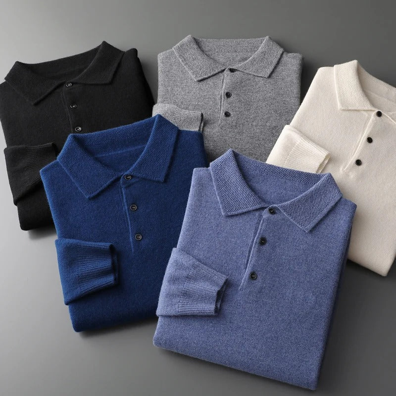 Men's knit polo sweaters in several colours laid flat