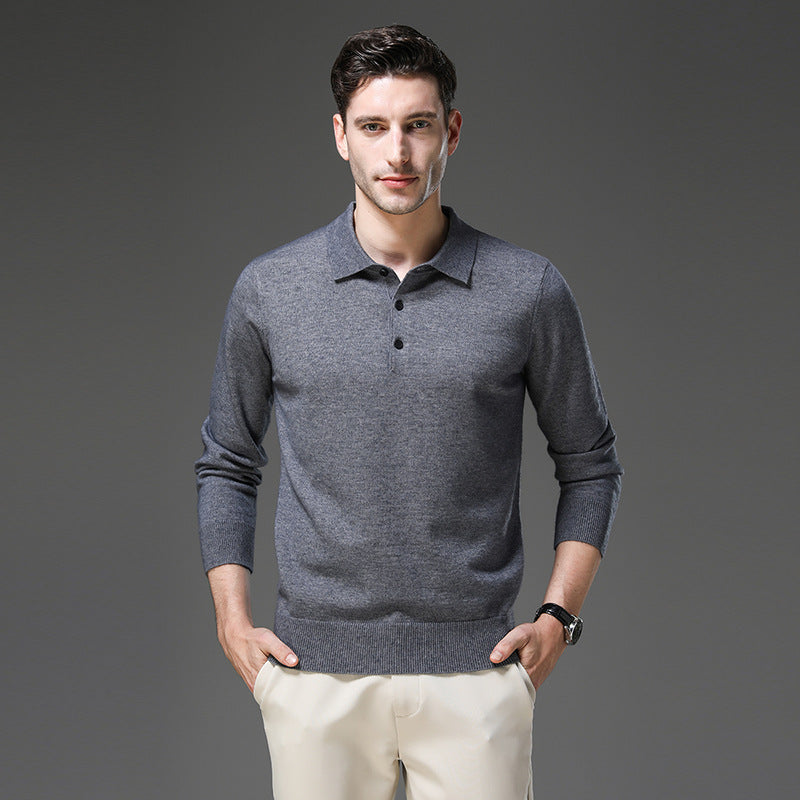 Man wearing the knit polo sweater in grey