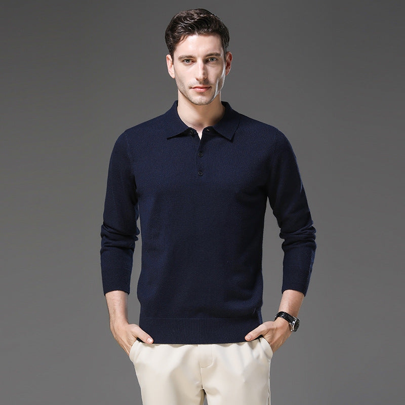 Man wearing the knit polo sweater in dark blue