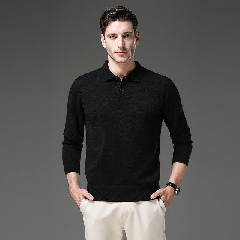Man wearing the knit polo sweater in black