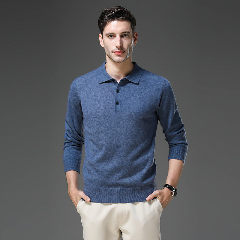 Man wearing the knit polo sweater in light blue