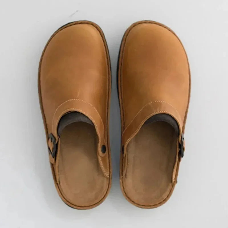 Men's buckle strap clogs in khaki – top view