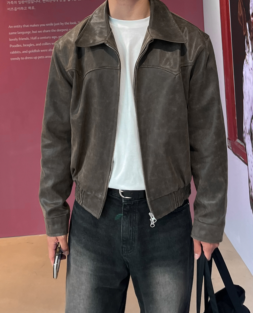 Men's Leather-Look Zip Jacket in brown