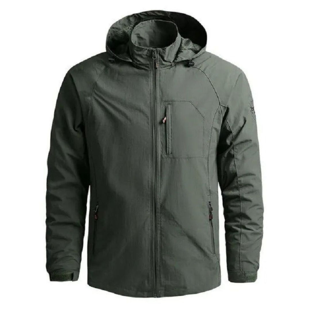 Men's lightweight cargo jacket in green, with hood