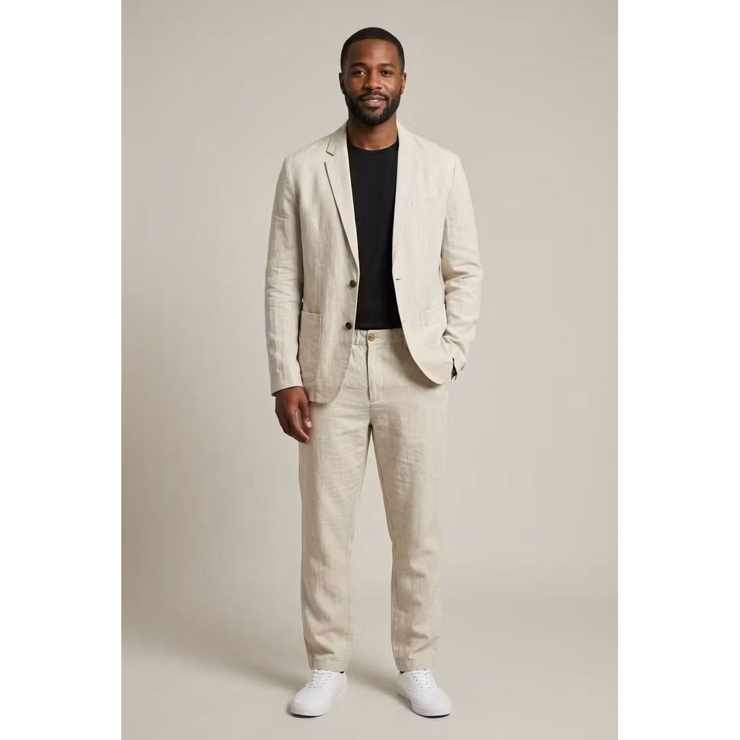 Men's linen look blazer and trouser set in beige