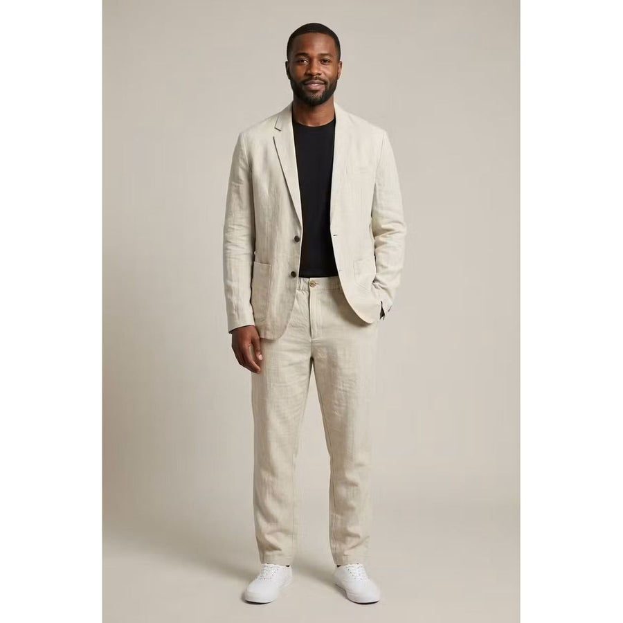 Men's Linen Look Blazer and Trouser Set with Relaxed Fit for Summer