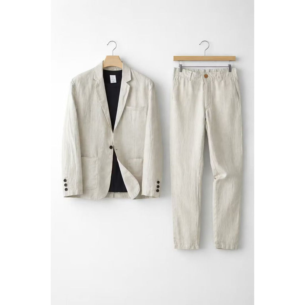 Men's linen look blazer and trouser set in beige, on hangers