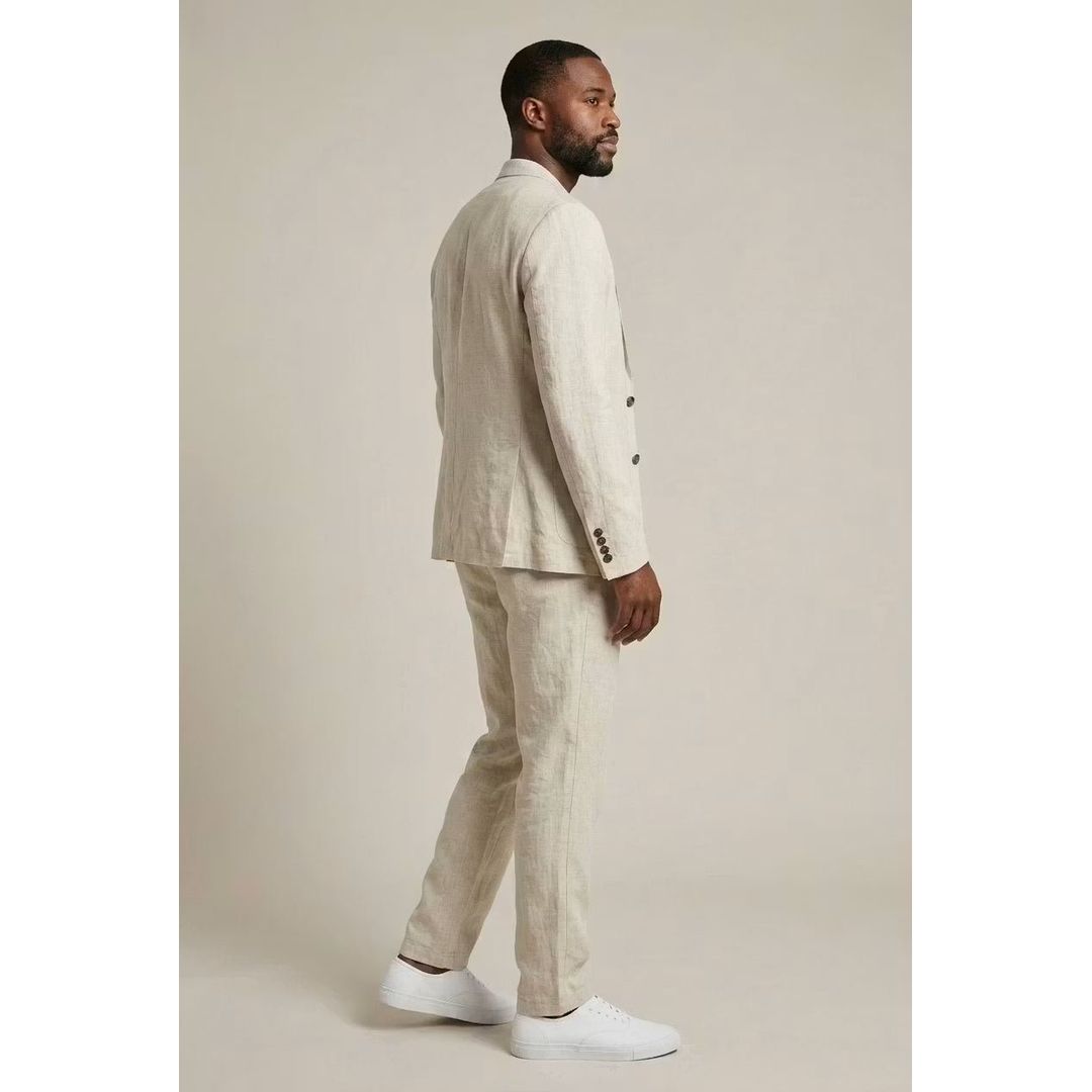 Men's linen look blazer and trouser set in beige, side view