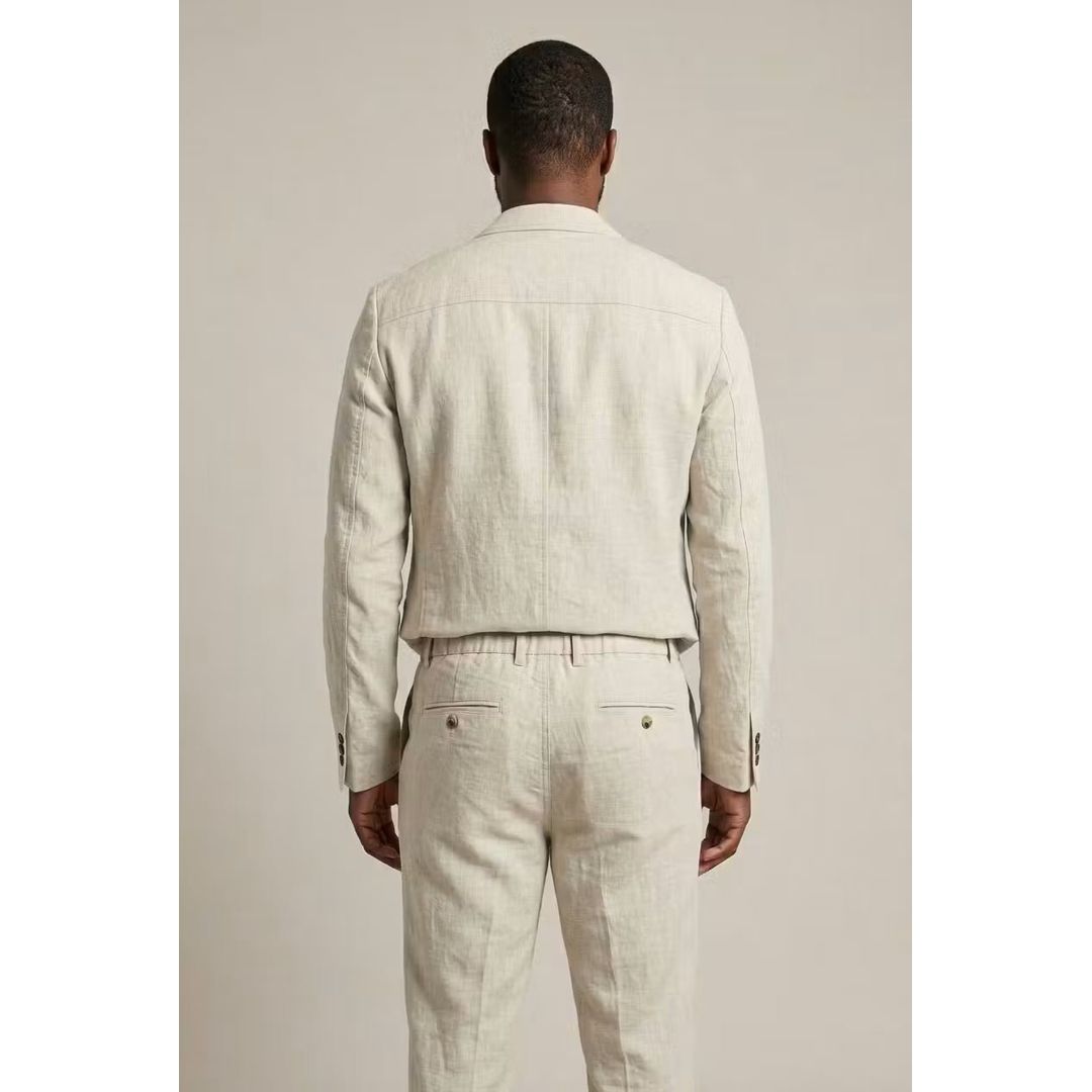 Men's linen look blazer and trouser set in beige, back view
