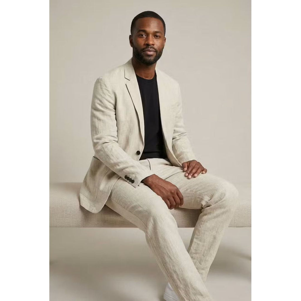 Men's linen look blazer and trouser set in beige, seated