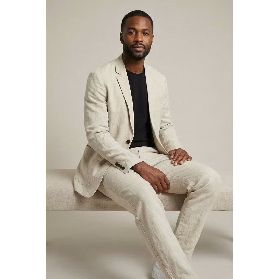 Men's linen look blazer and trouser set in beige, seated
