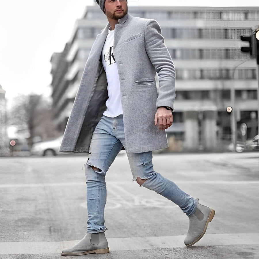 Men's Longline Coat with Stand Collar in 4 Colors for Autumn and Winter