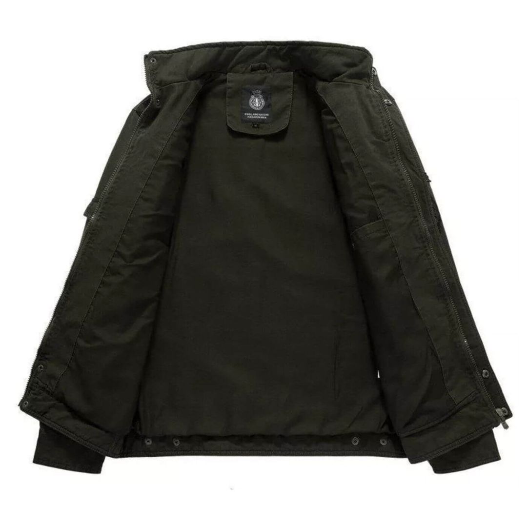 Men's military cargo jacket with stand collar in black, inside view