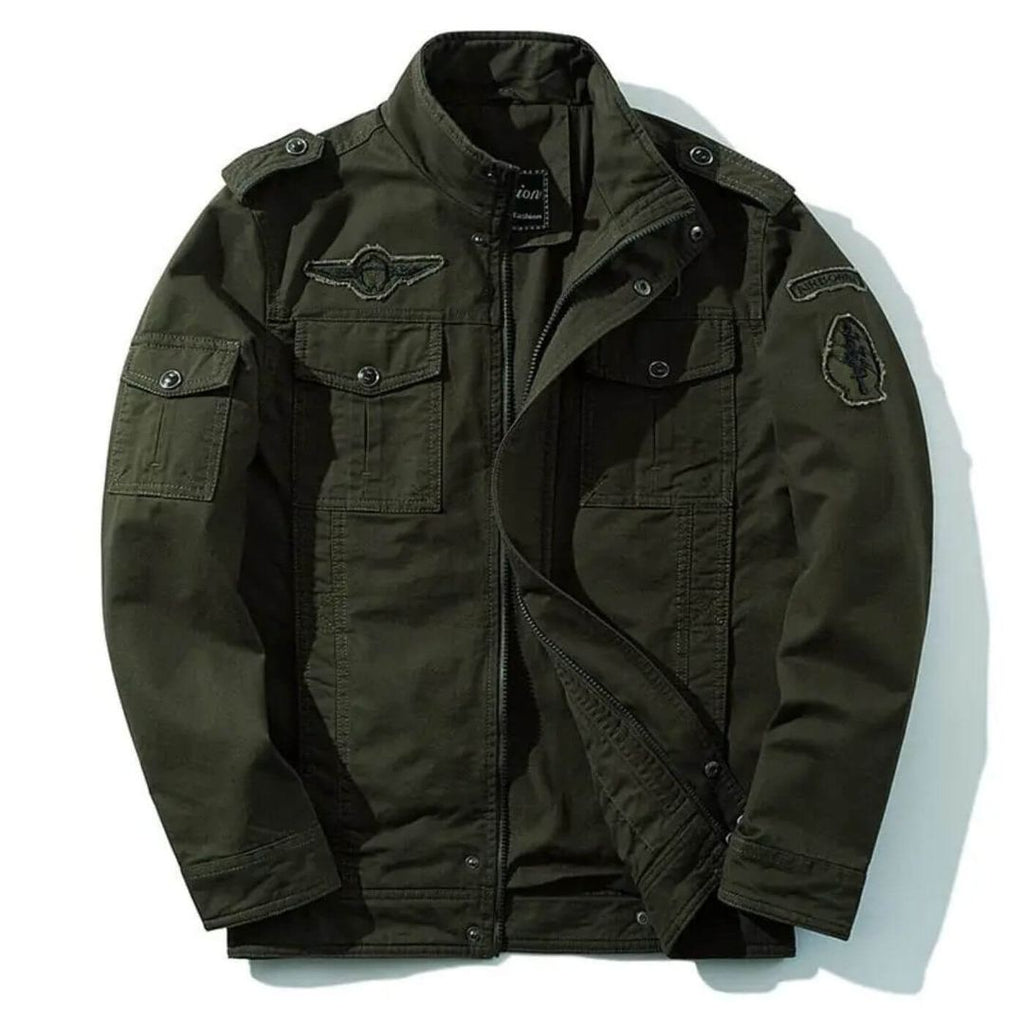 Men's military cargo jacket with stand collar in green, side view